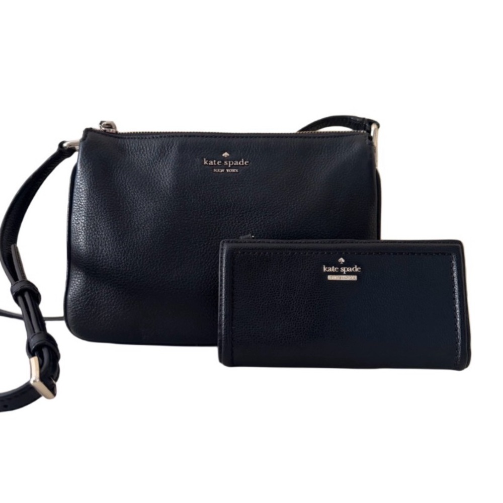 Kate Spade Leila Triple Gusset Black Crossbody and Matching Wallet